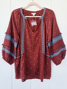 Sundance Embroidered Boho  Western Peasant Style V Neck Tunic Rust Medium